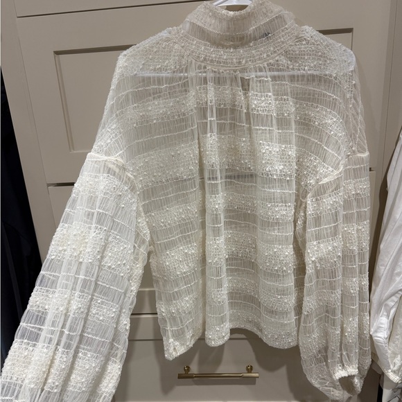Express Tops - Express Cream Lace-Striped Balloon Sleeve Blouse